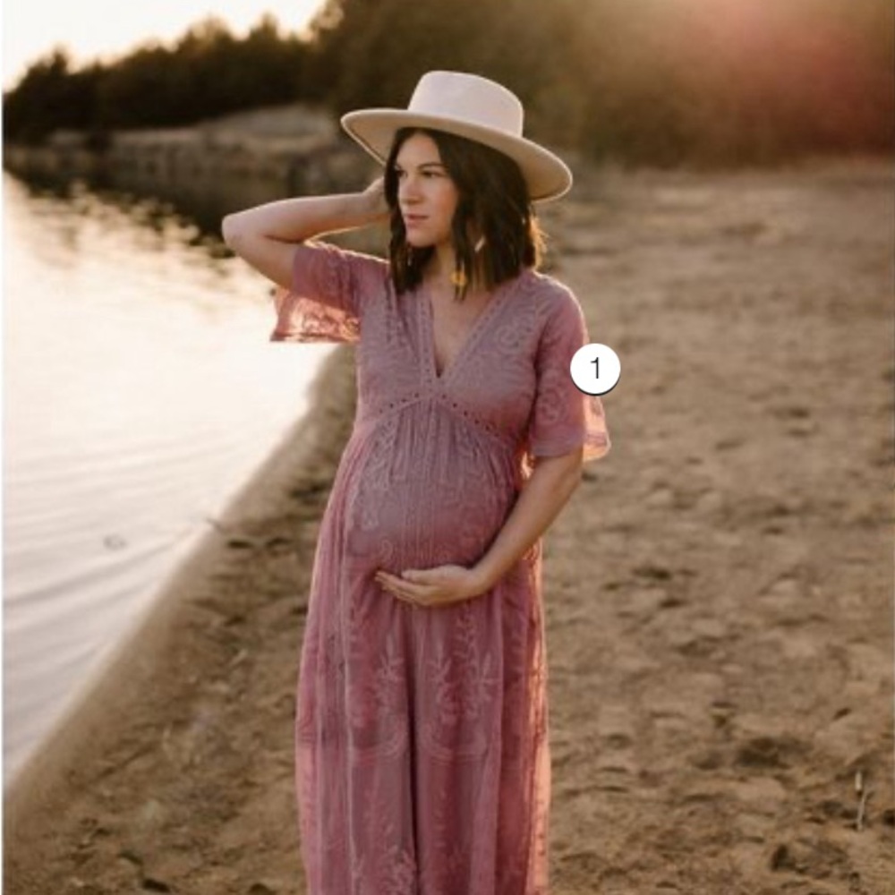 PinkBlush Mauve Lace Mesh Overlay Maternity Maxi Dress